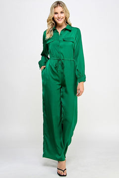 Long Sleeve Emerald Green Jumpsuit With Waist Drawstring