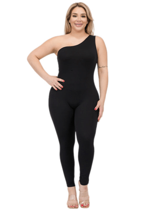 Plus size one shoulder jumpsuit in black, featuring soft, stretchy fabric for a trendy and comfortable fit.