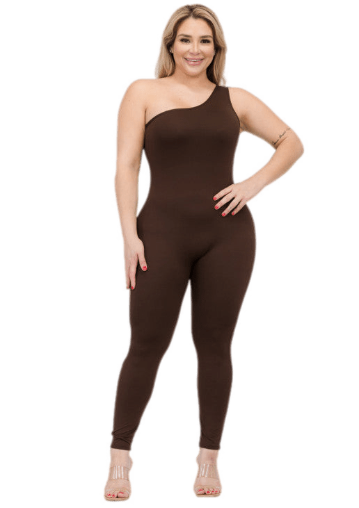 Plus Size One Shoulder Jumpsuit in Solid Color, Soft Stretchy Jersey, Trendy and Comfortable Women's Fashion, Perfect for Daily Wear
