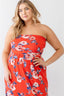 Plus Size Red Rose Print Ruched Strapless Midi Dress