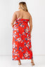 Plus Size Red Rose Print Ruched Strapless Midi Dress