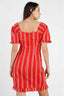 Red Stripe Lace Up Front Detail Ruffle Trim Balloon Sleeve Dress-Red