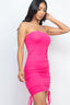 Ribbed Off Shoulder Ruched Drawstring Bodycon Dress