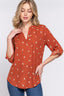 Roll Up Sleeve V-neck Print Blouse-Rust