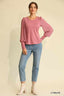 Solid Knit And Chiffon Mixed Top With Puff Long Sleeve-Mauve