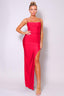 Spaghetti Strap Pleated Bust Front Slit Maxi Dress-Red