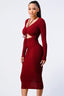 Trendy Front Shirring Cut-out Long Sleeved Dress-Burgundy