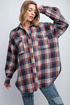 Washed Plaid Button Down Shirt-Navy