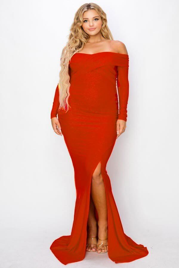 Elegant red long-sleeve off-the-shoulder curvy formal dress with a front slit, perfect for special occasions.