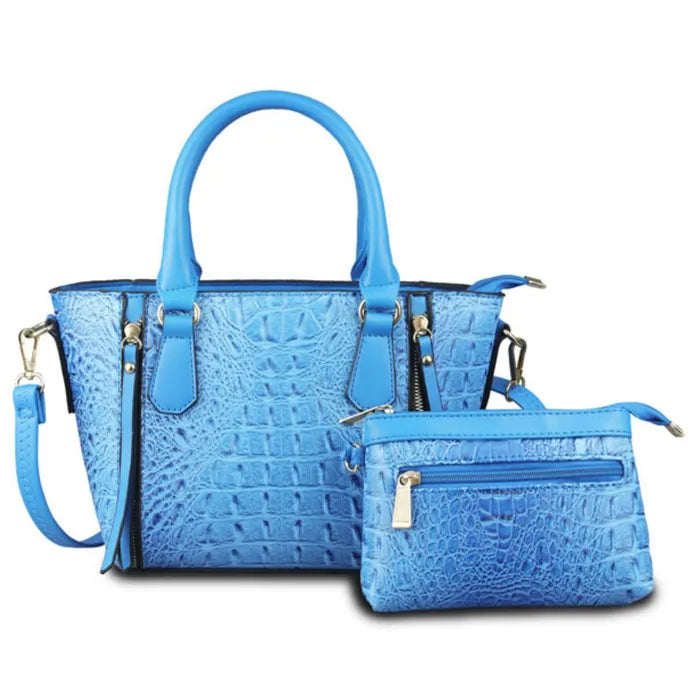 Stylish blue handbag set with crocodile pattern, perfect for fashion-forward individuals seeking a chic accessory.