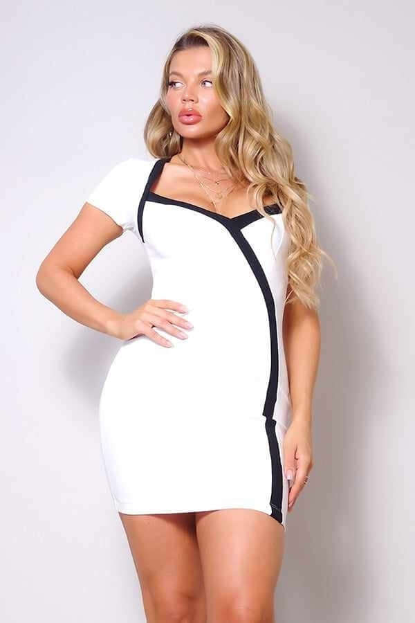 White short sleeve dress with black accents for chic summer style.