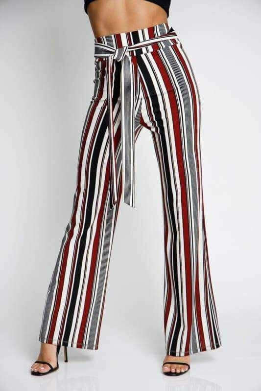 Stylish women's striped high-waisted pants with tie belt, showcasing chic and elegant design perfect for versatile fashion styles.