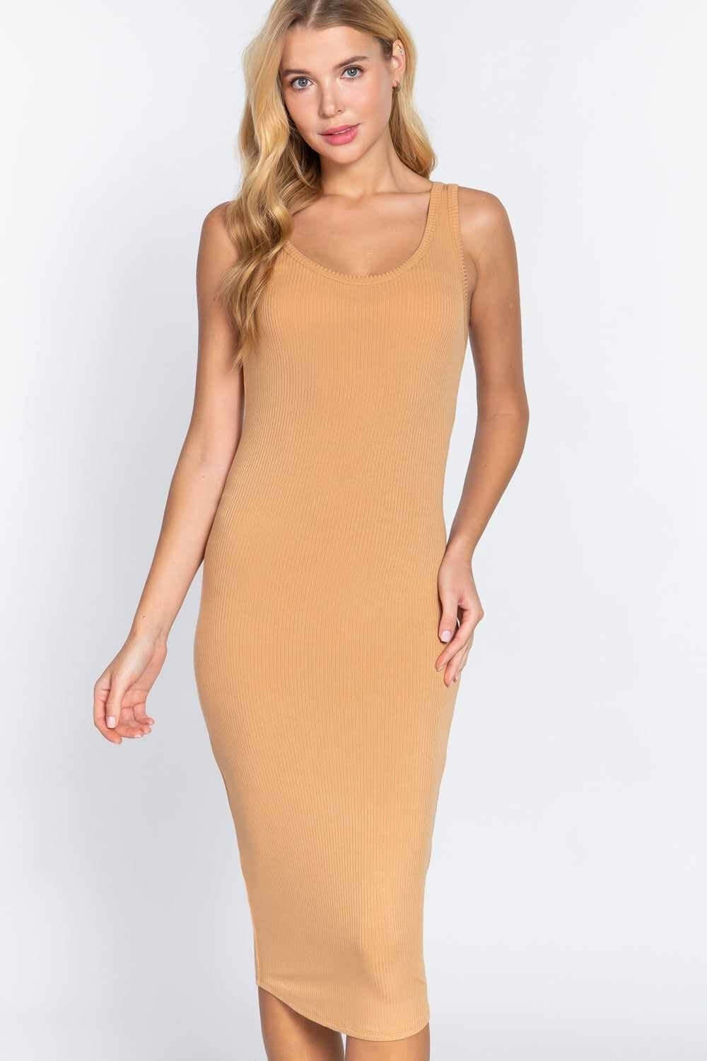 Chic beige sleeveless midi dress for women - perfect for stylish comfort and elegance.