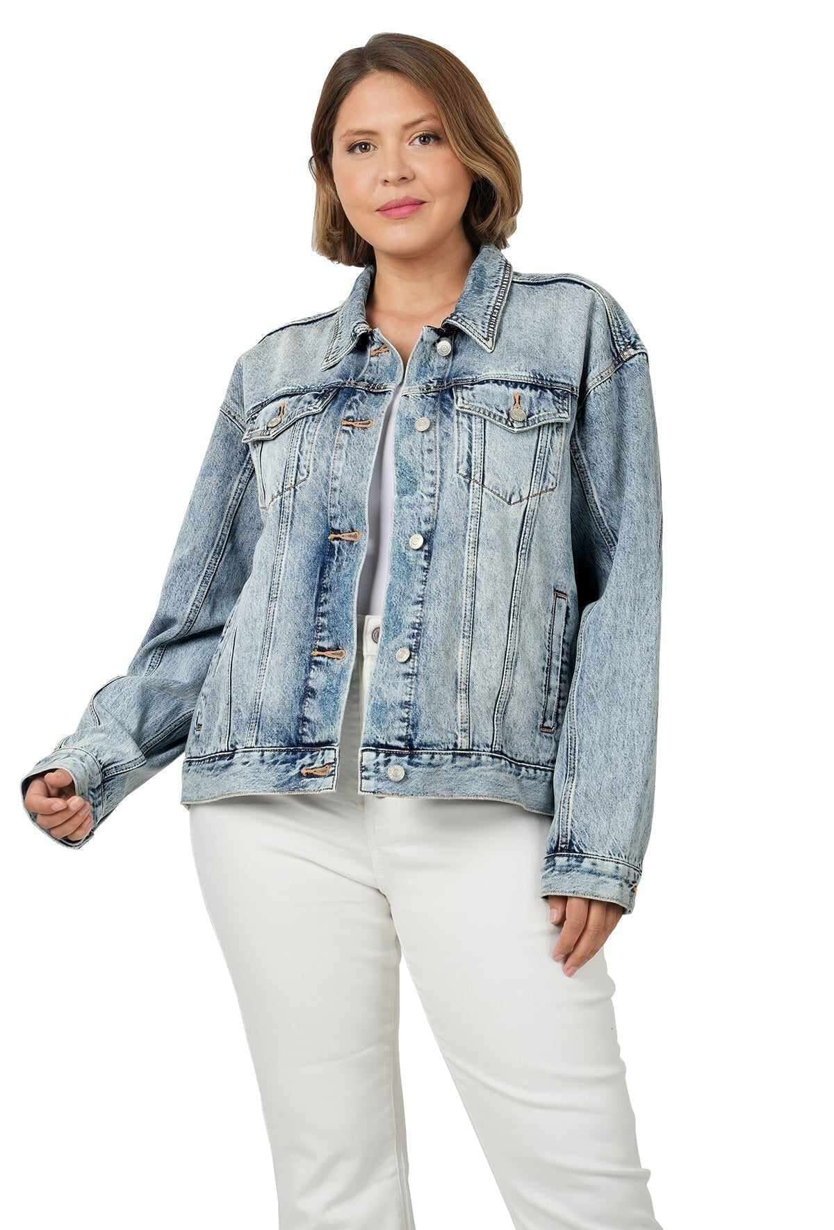 Plus size model wearing a stylish denim jacket from the Curvy Jackets collection, showcasing fashionable plus size outerwear.