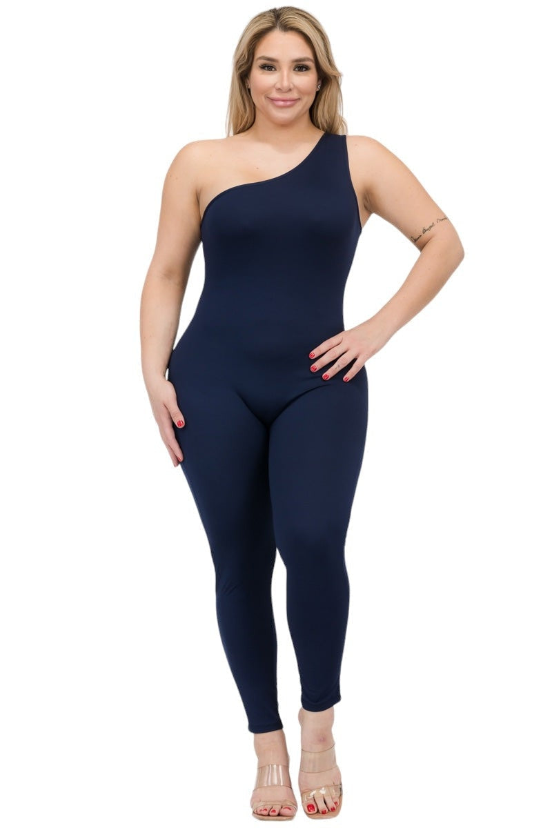 Plus size navy one-shoulder jumpsuit, curvy fashion style