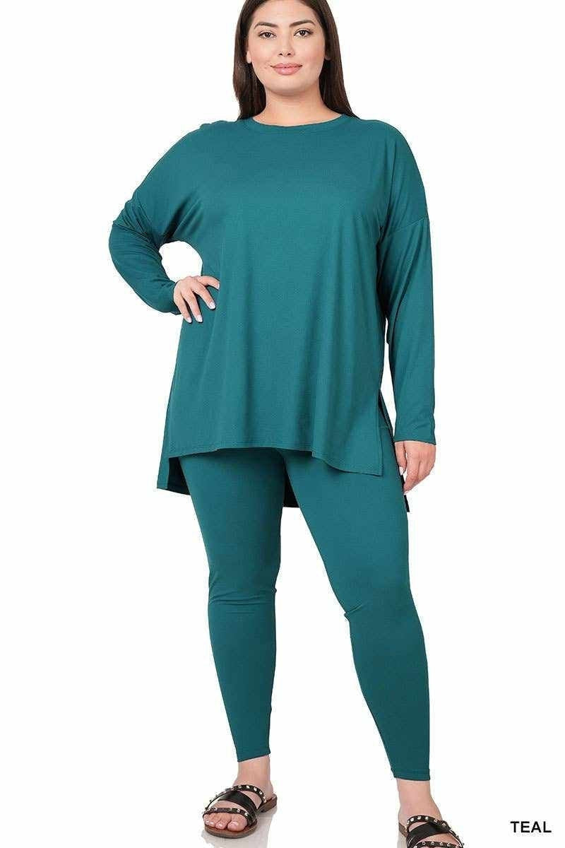 Plus size woman modeling teal loungewear set from Curvy Loungewear Collection, showcasing comfort and style.