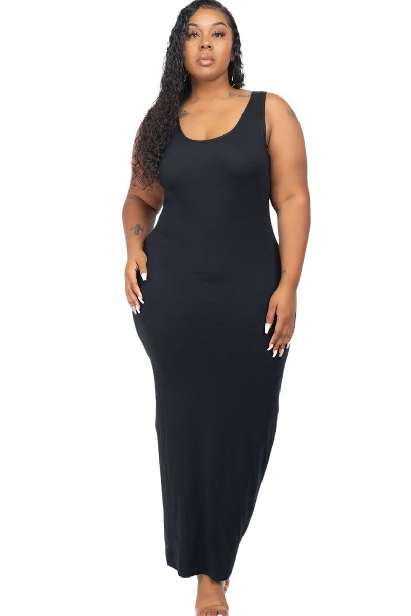 Plus-size woman in a stylish black curvy maxi dress, showcasing a flattering fit for diverse body types.