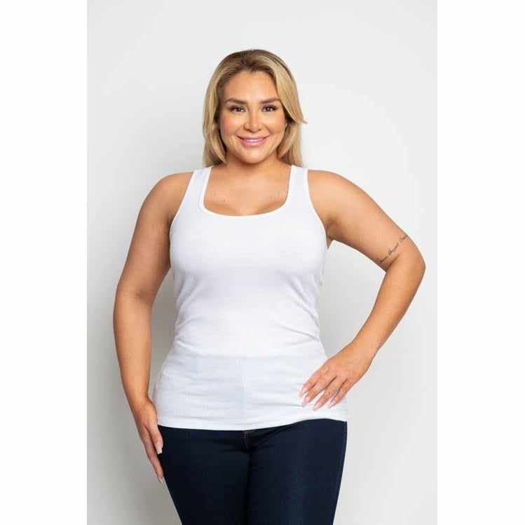 Plus size woman modeling a white curvy tank top, showcasing style and comfort from Your Style Fashion collection.