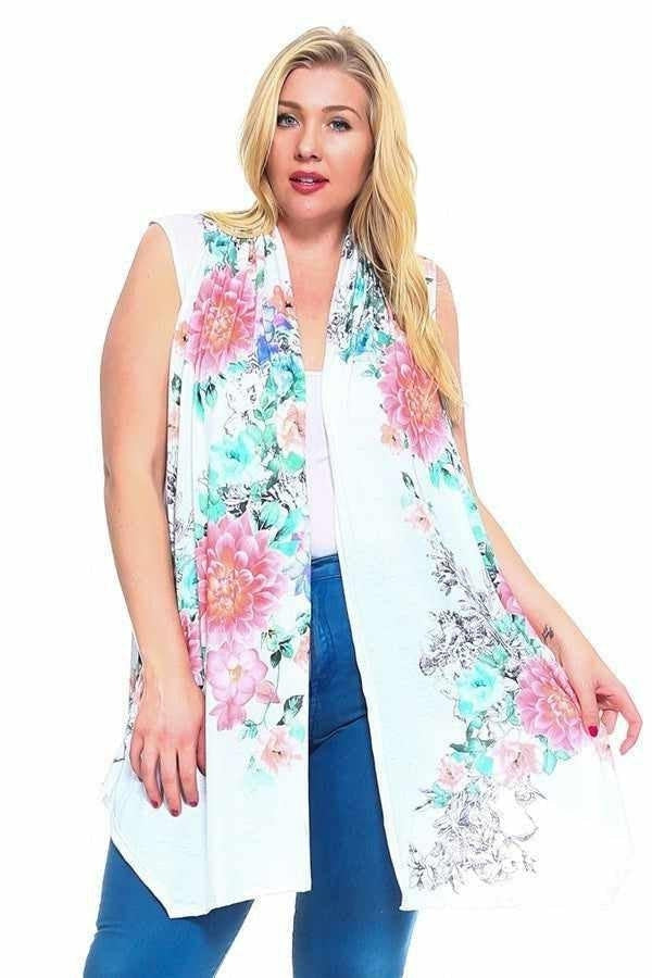 Plus size woman wearing a floral curvy vest from the Curvy Vests collection, showcasing style and comfort.