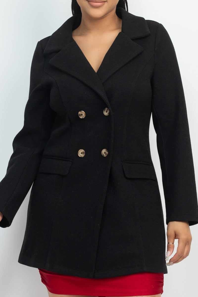 Elegant black double-breasted wool coat for women, perfect for winter fashion and style.