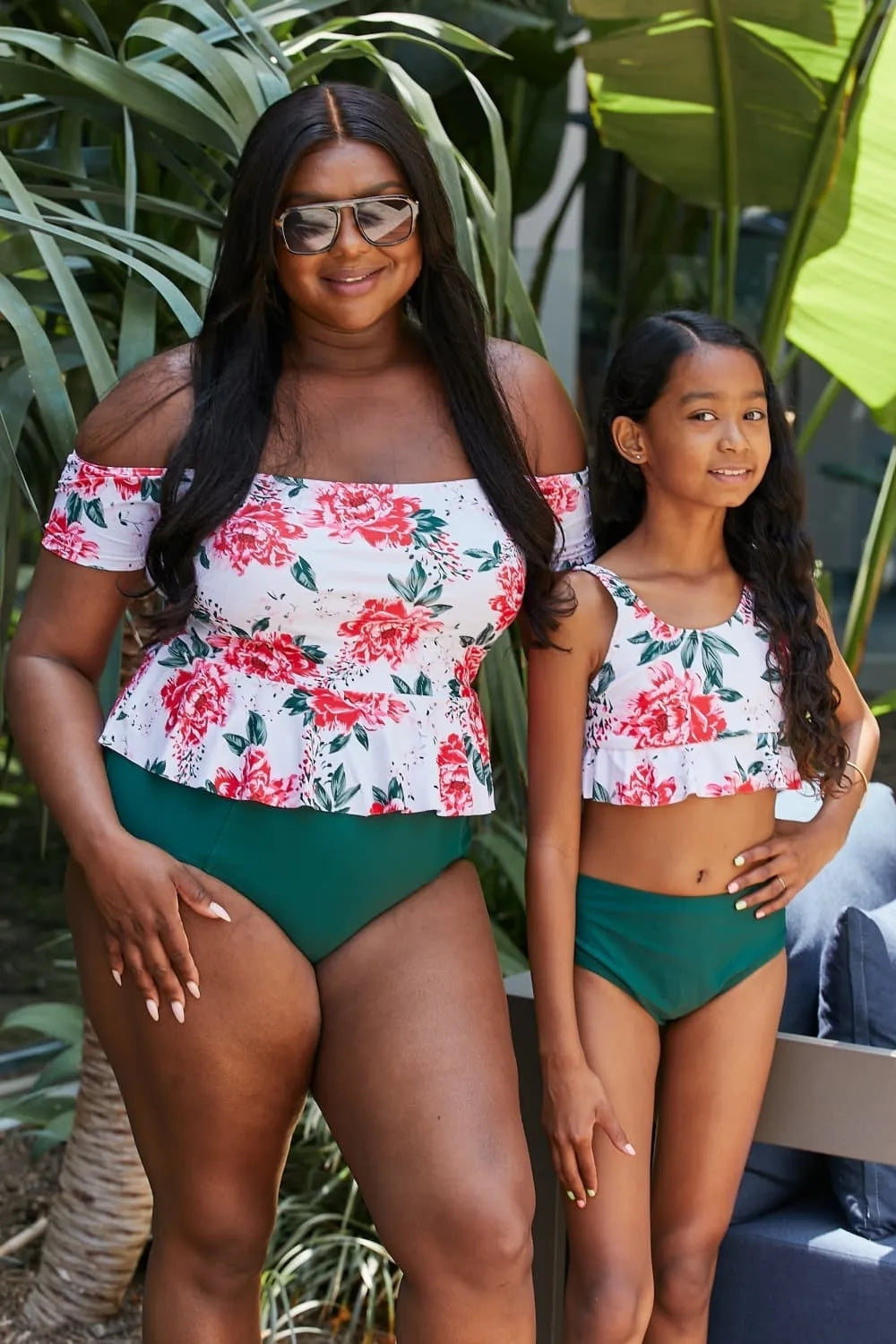 Matching floral swimwear set for women and girls, perfect for summer vacations and poolside fun.