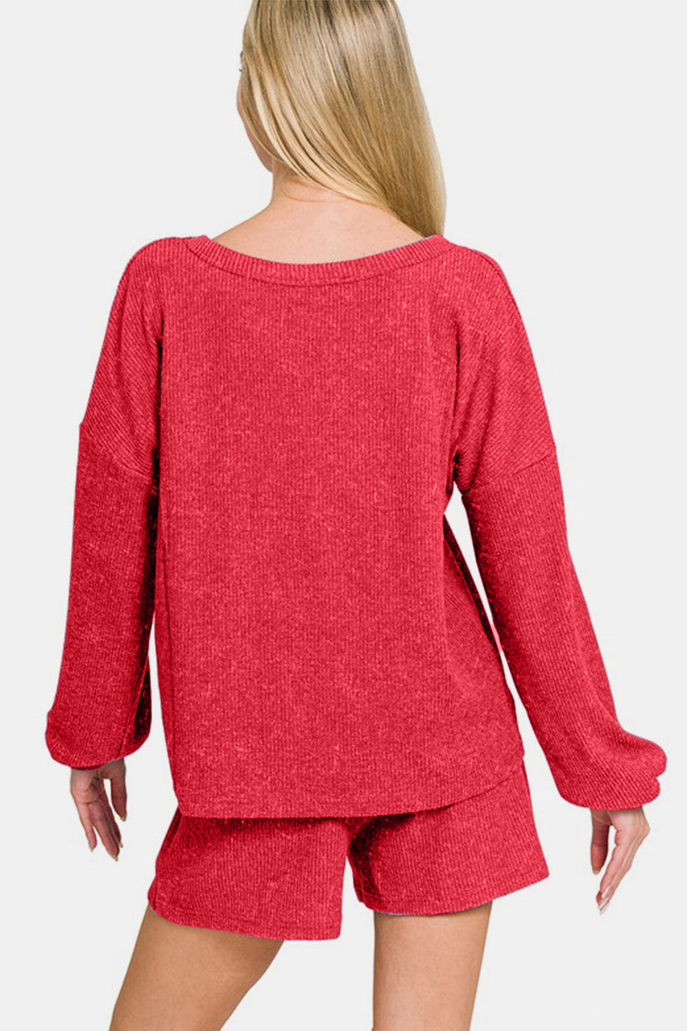 Deep Red V-Neck Long Sleeve Ribbed Top and Shorts Set