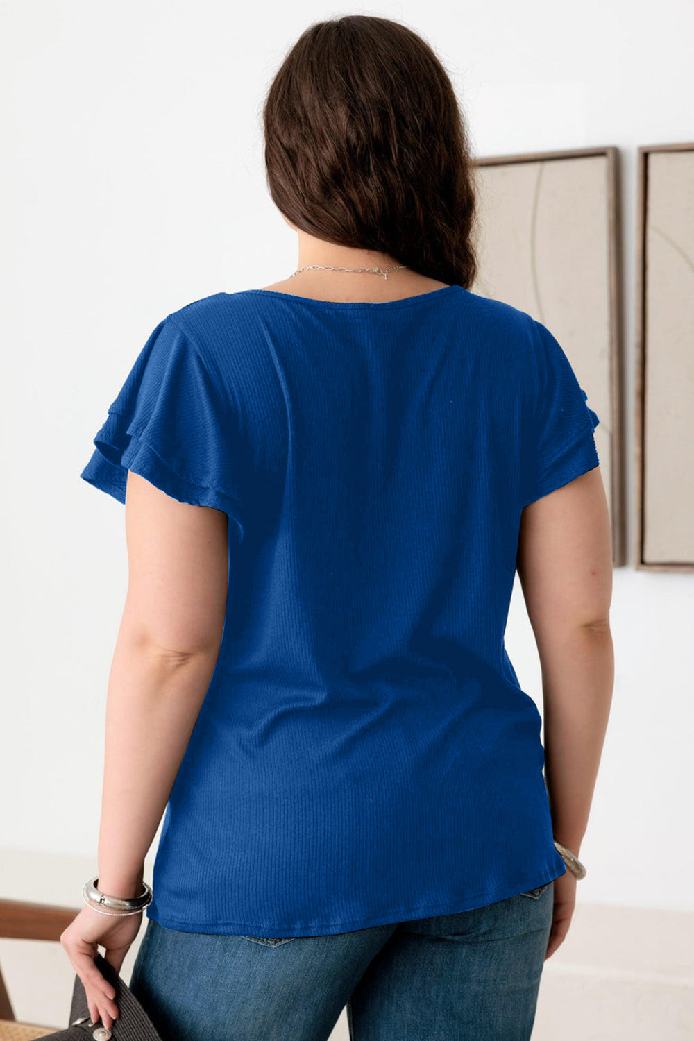 Royal Blue Plus Size Short Fluttery Sleeve Round Neck Top