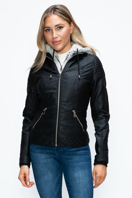 Stylish faux layered double-zipper jacket with fuzzy hood in black pleather, featuring pocketed design and normal thickness.