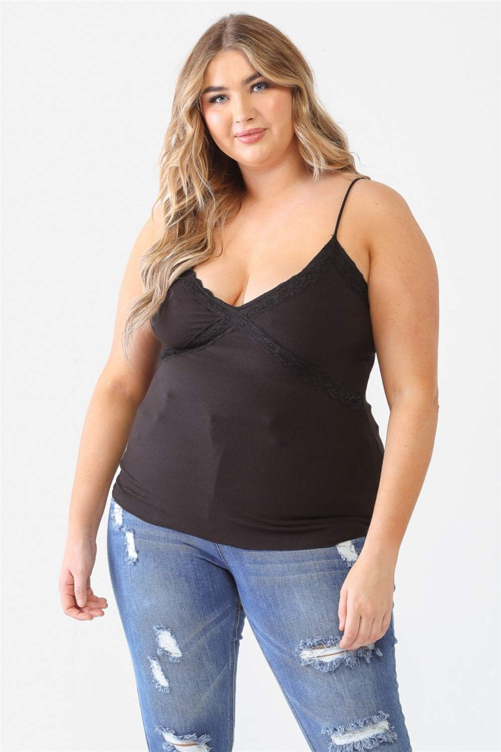 Black Plus Size Lace Detail V-Neck Cami