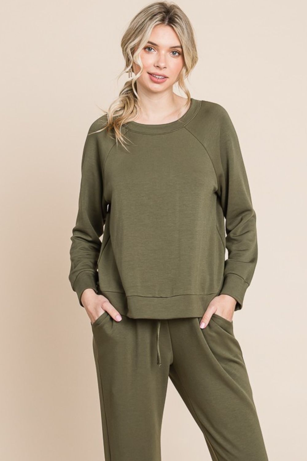 Olive round neck raglan sleeve top and pants lounge set for women, basic style, slightly stretchy, polyester-rayon-spandex blend.