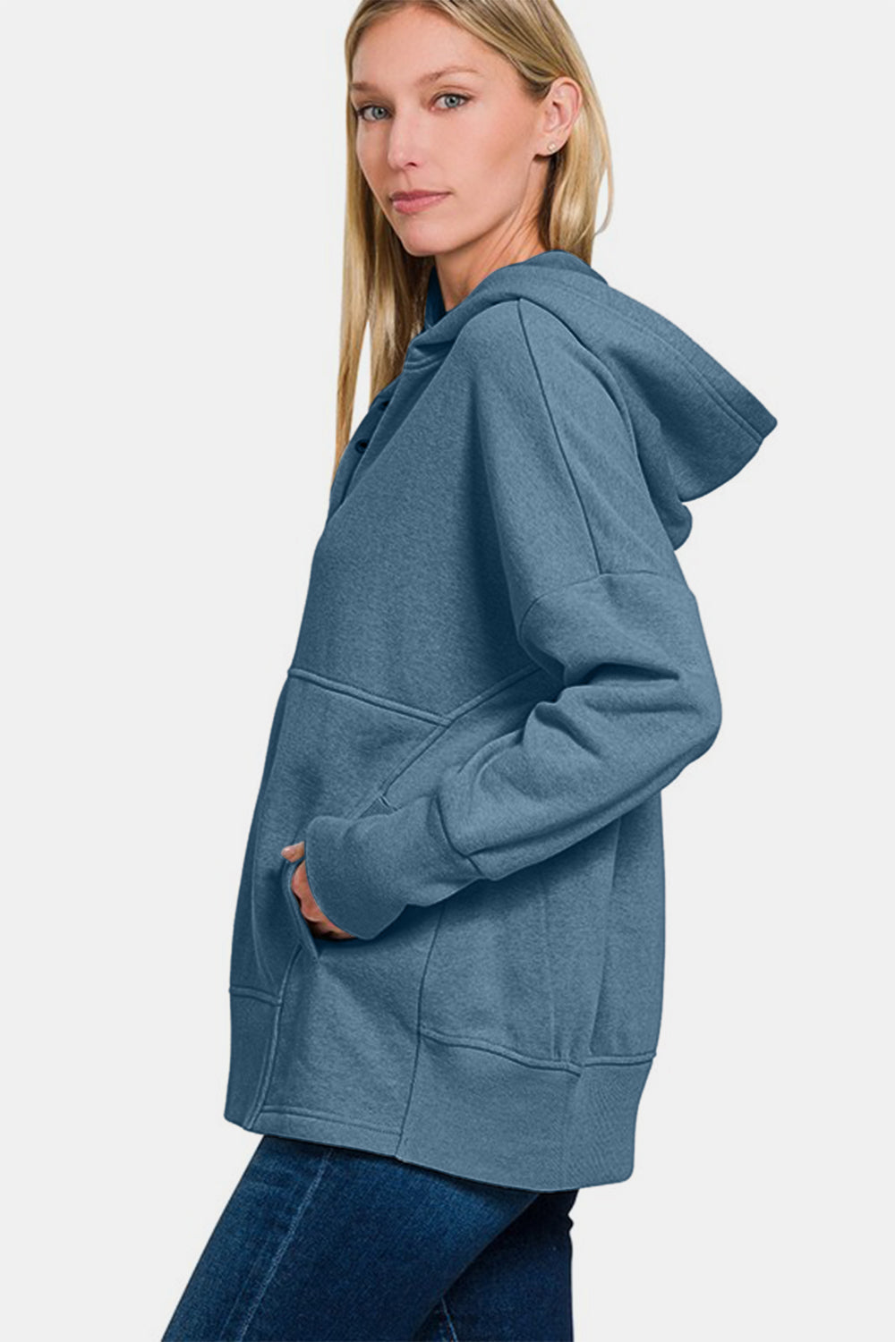 Dusty Blue Half Snap Long Sleeve Hoodie with Kangaroo Pocket