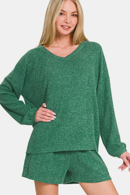 Dark green ribbed V-neck long sleeve top and shorts set, featuring a comfortable two-piece design with a slightly stretchy fit.