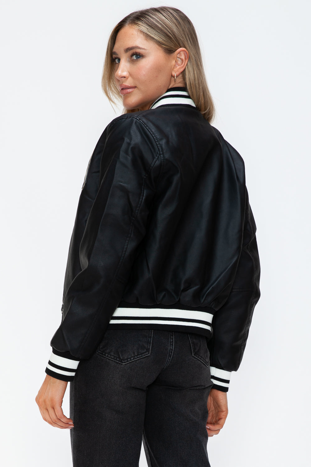 Midnight Black PU Leather Contrast Snap Down Bomber Jacket