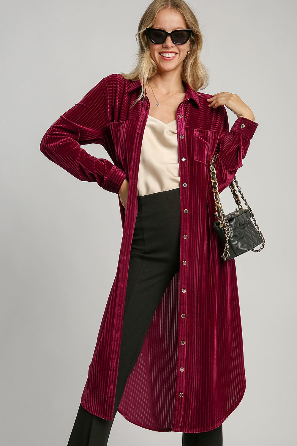 Burgundy texture curved hem button down shirt dress with pockets and slit, stylish opaque design with slightly stretchy material