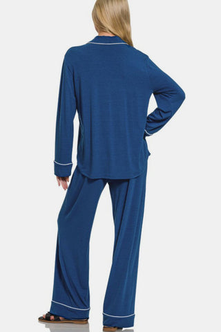 Peacock blue button-down long sleeve lounge set with pants, rear view, featuring pockets and slight stretch, made of polyester blend.