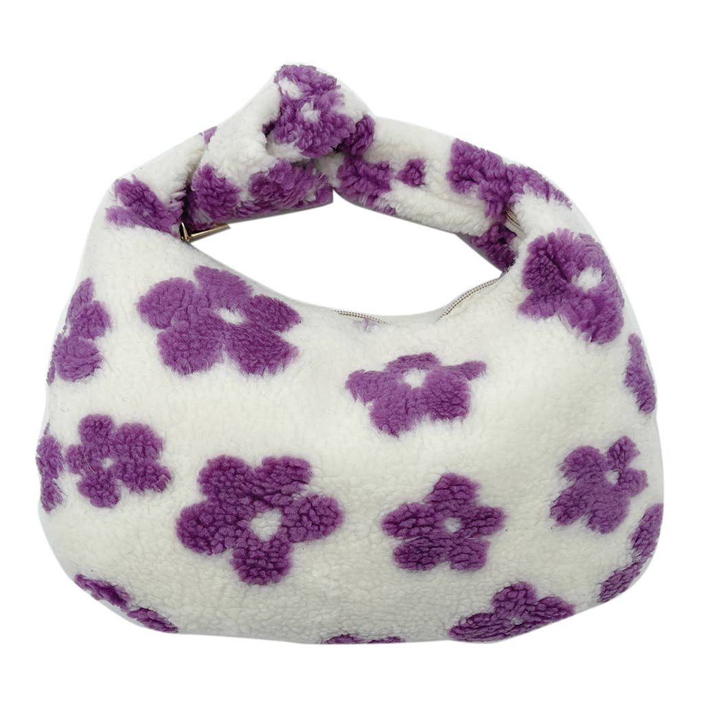 Floral Pattern Sherpa Bag with purple flowers, perfect for fall and winter, made of 100% polyester, size 12.6"W x 6.7"H.