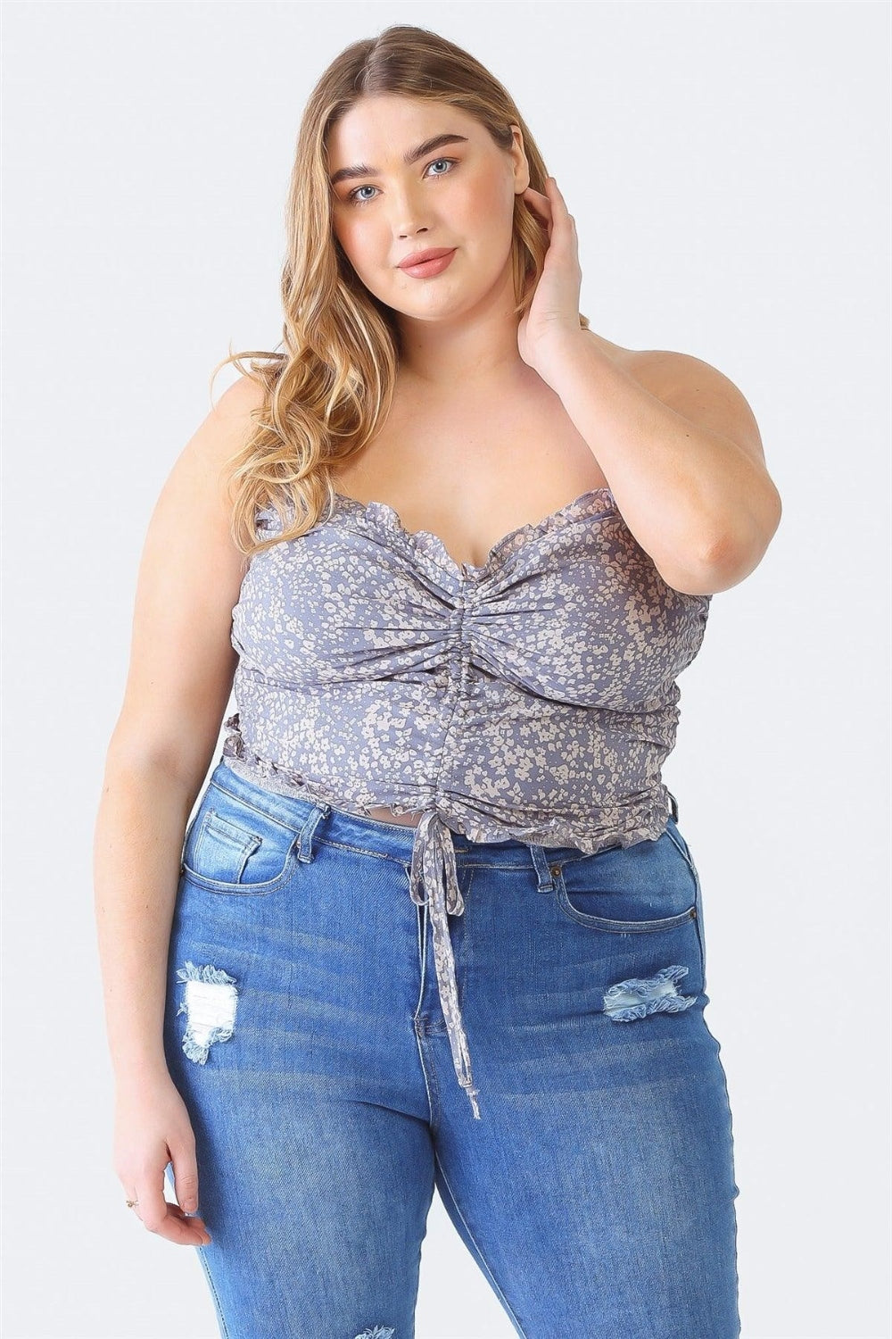 Denim Blue Plus Size Drawstring Smocked Floral Tube Top