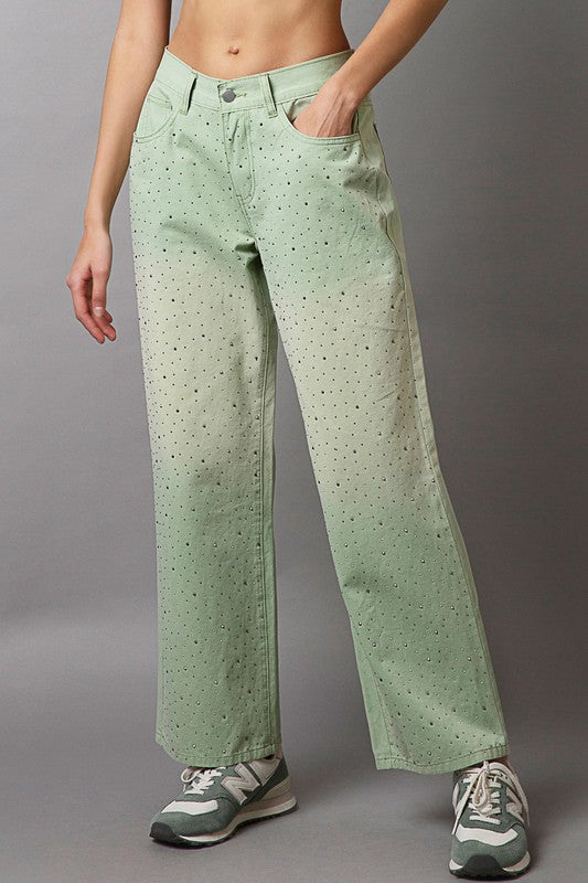 Light Green Embellishments Gradient Wide Leg Pants