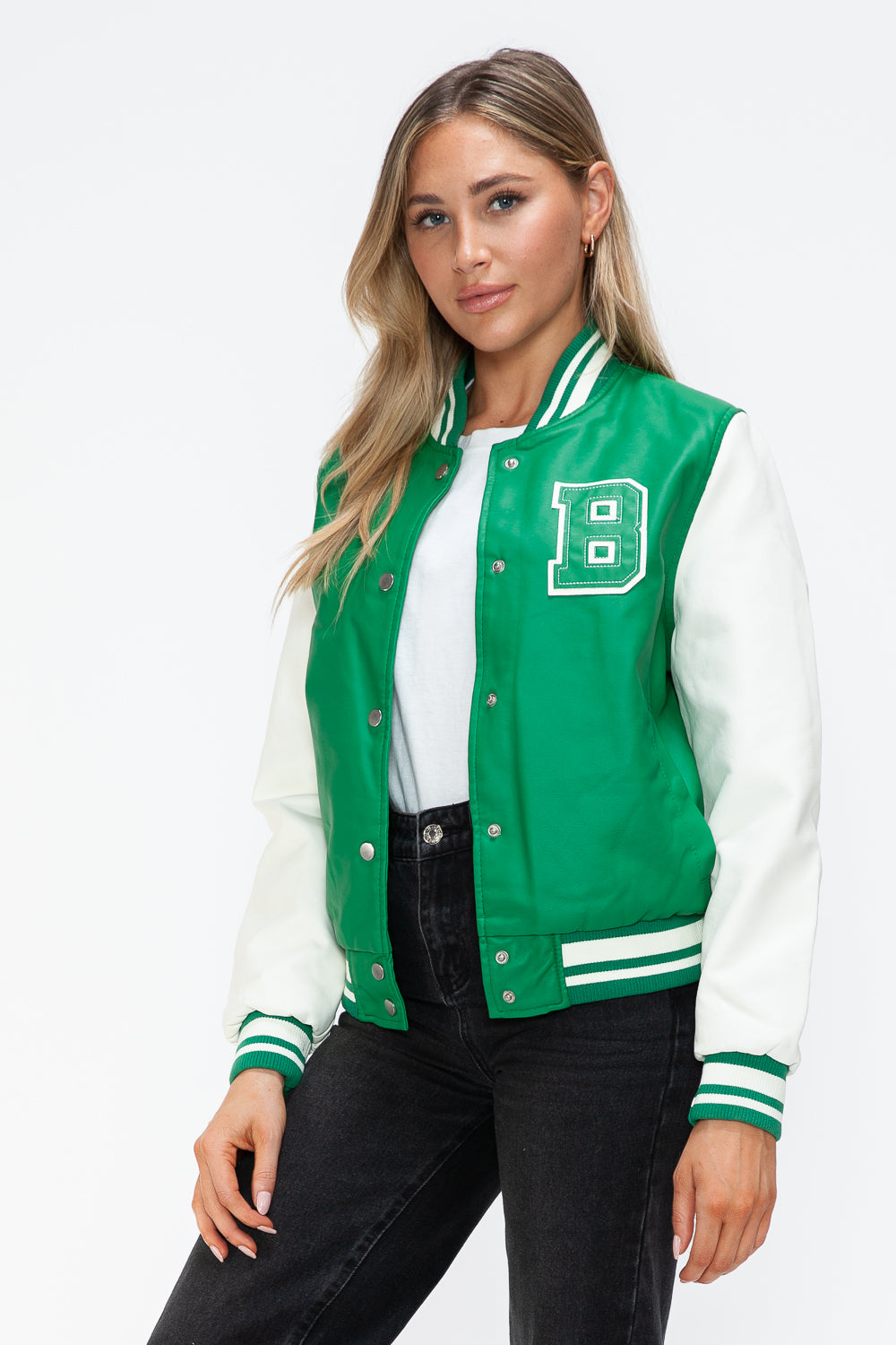 Green Milk PU Leather Contrast Snap Down Bomber Jacket