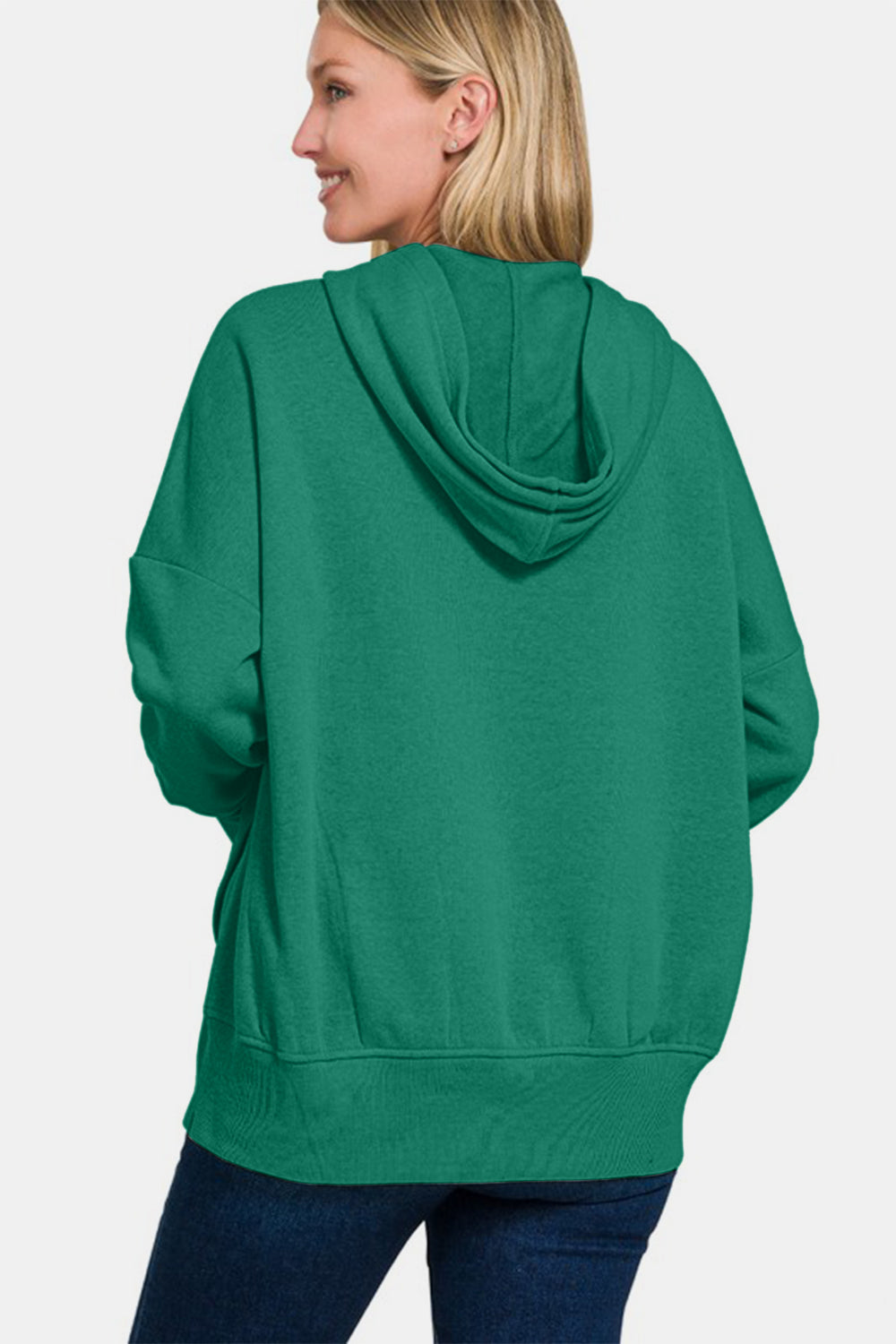 Dark Green Half Snap Long Sleeve Hoodie with Kangaroo Pocket