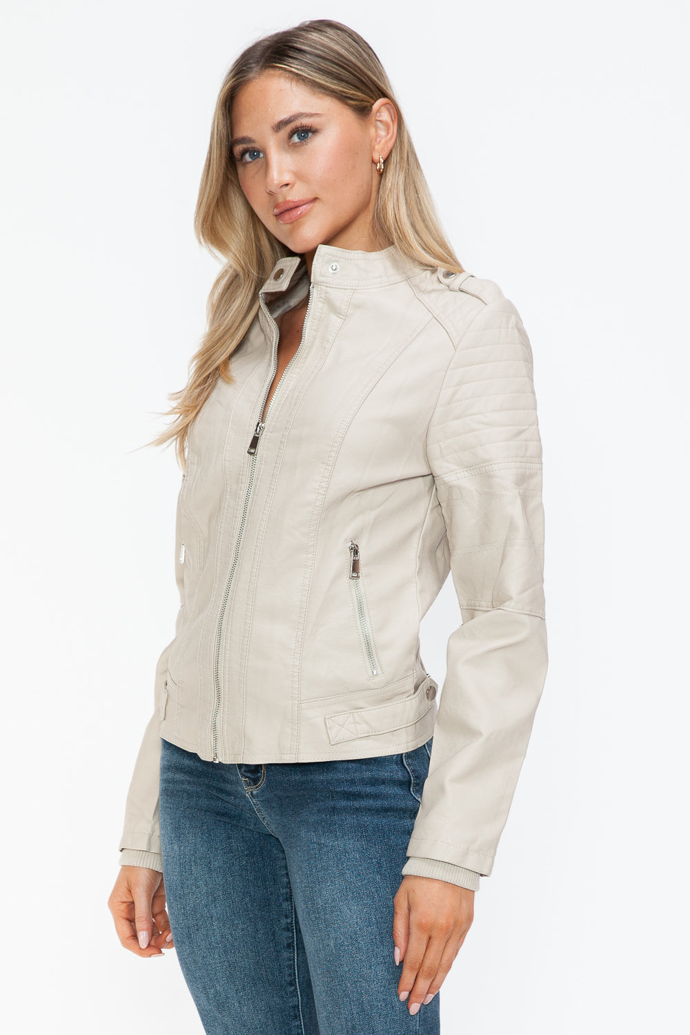 Sand PU Leather Biker Jacket with Side Zip Pockets