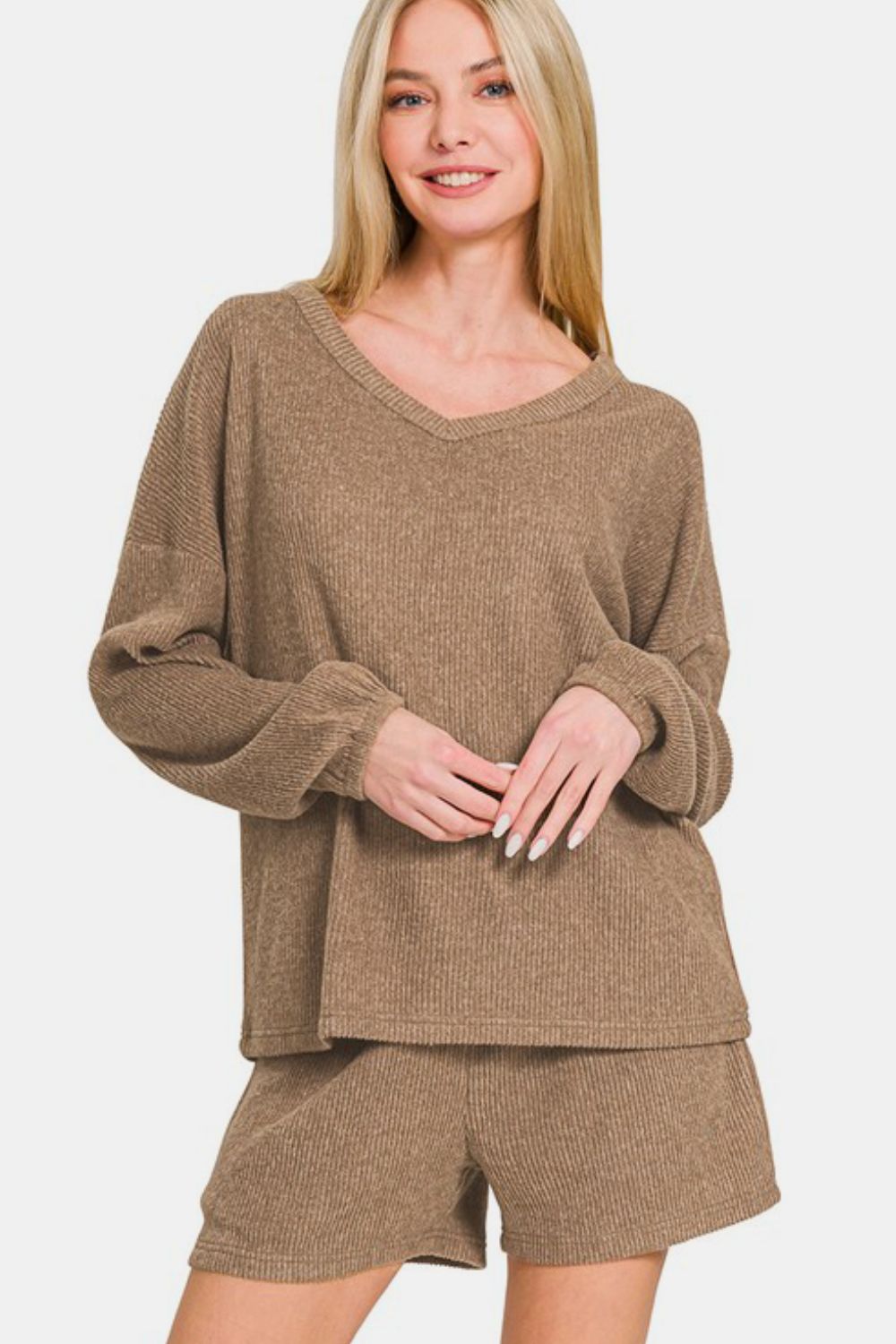 Camel V-Neck Long Sleeve Ribbed Top and Shorts Set