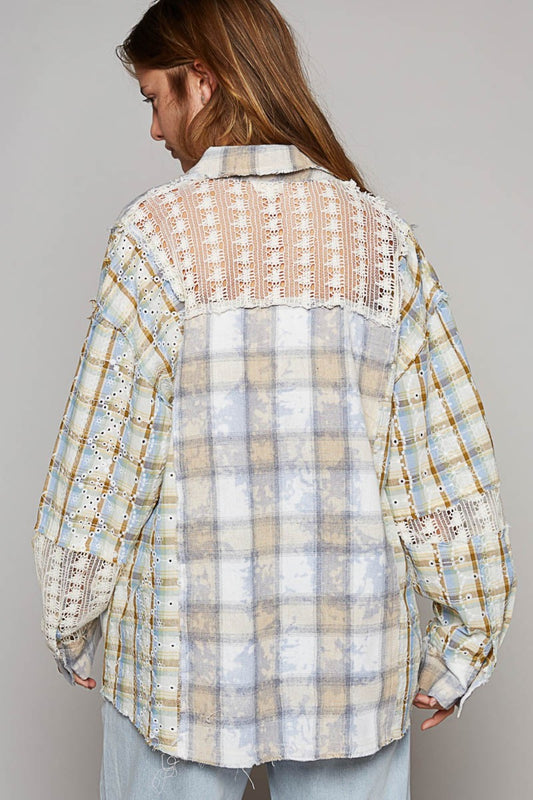 Long sleeve plaid shirt with lace embroidery and crochet details in cotton and polyester blend, worn by model with back view.