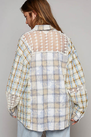 Long sleeve plaid shirt with lace embroidery and crochet details in cotton and polyester blend, worn by model with back view.