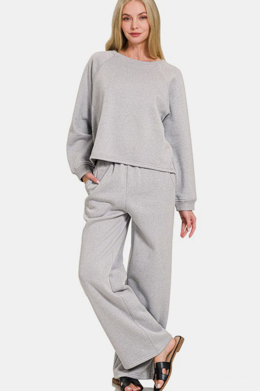 Gray round neck raglan sleeve top and elastic waist pants set, two-piece with pockets, slightly stretchy, 60% cotton, 40% polyester.