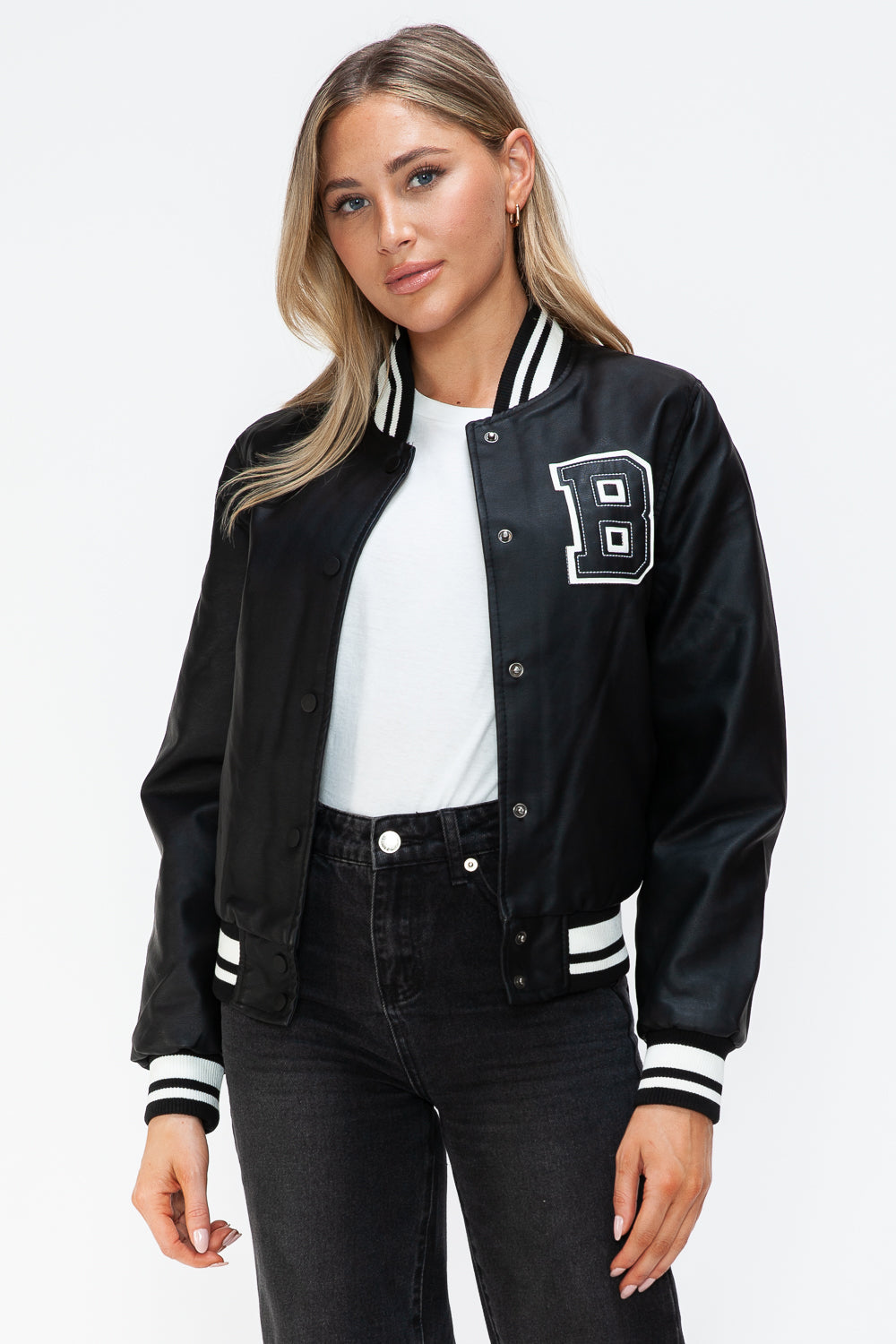 Midnight Black PU Leather Contrast Snap Down Bomber Jacket