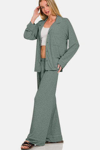 Sage button-down lounge set with long sleeves and wide-leg pants, featuring pockets and a slightly stretchy polyester-rayon blend.