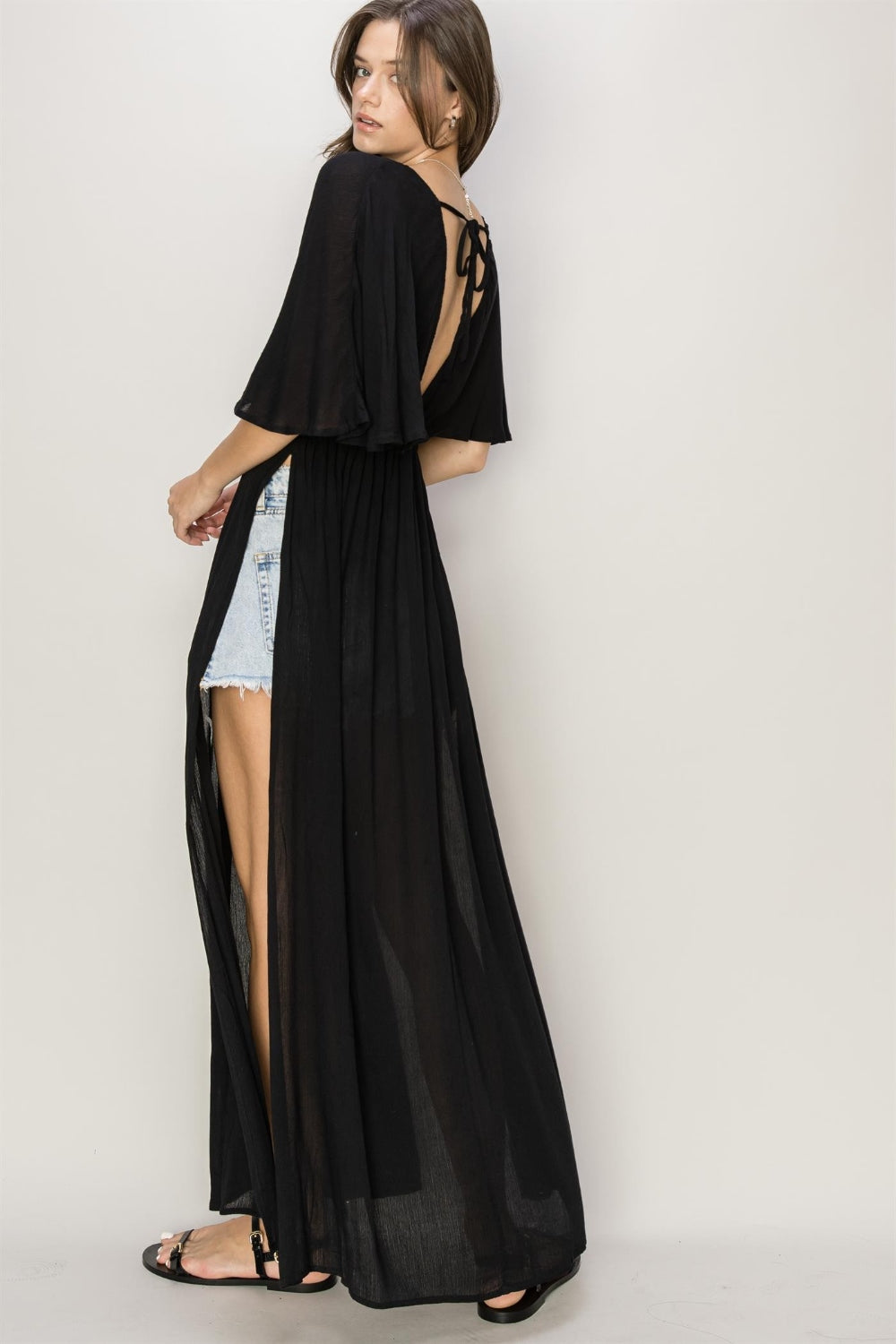 Black Maxi Dress with Tie Back, Ruffled Sleeves, and Slit Design - Perfect Cover Up for a Stylish Look