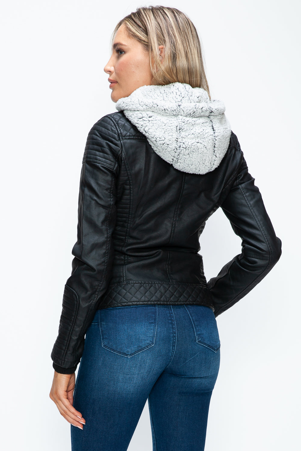 Faux Layered Double-Zipper Jacket with Fuzzy Hood