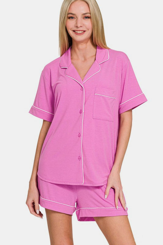 Bright mauve button-down short sleeve top and shorts lounge set with pocket, slightly stretchy, polyester-rayon blend.